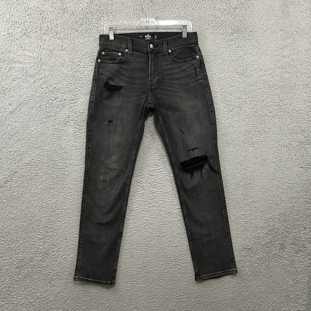 Hollister Jeans Mens 30x32 Black Denim Slim Straight Advanced Stretch Distressed